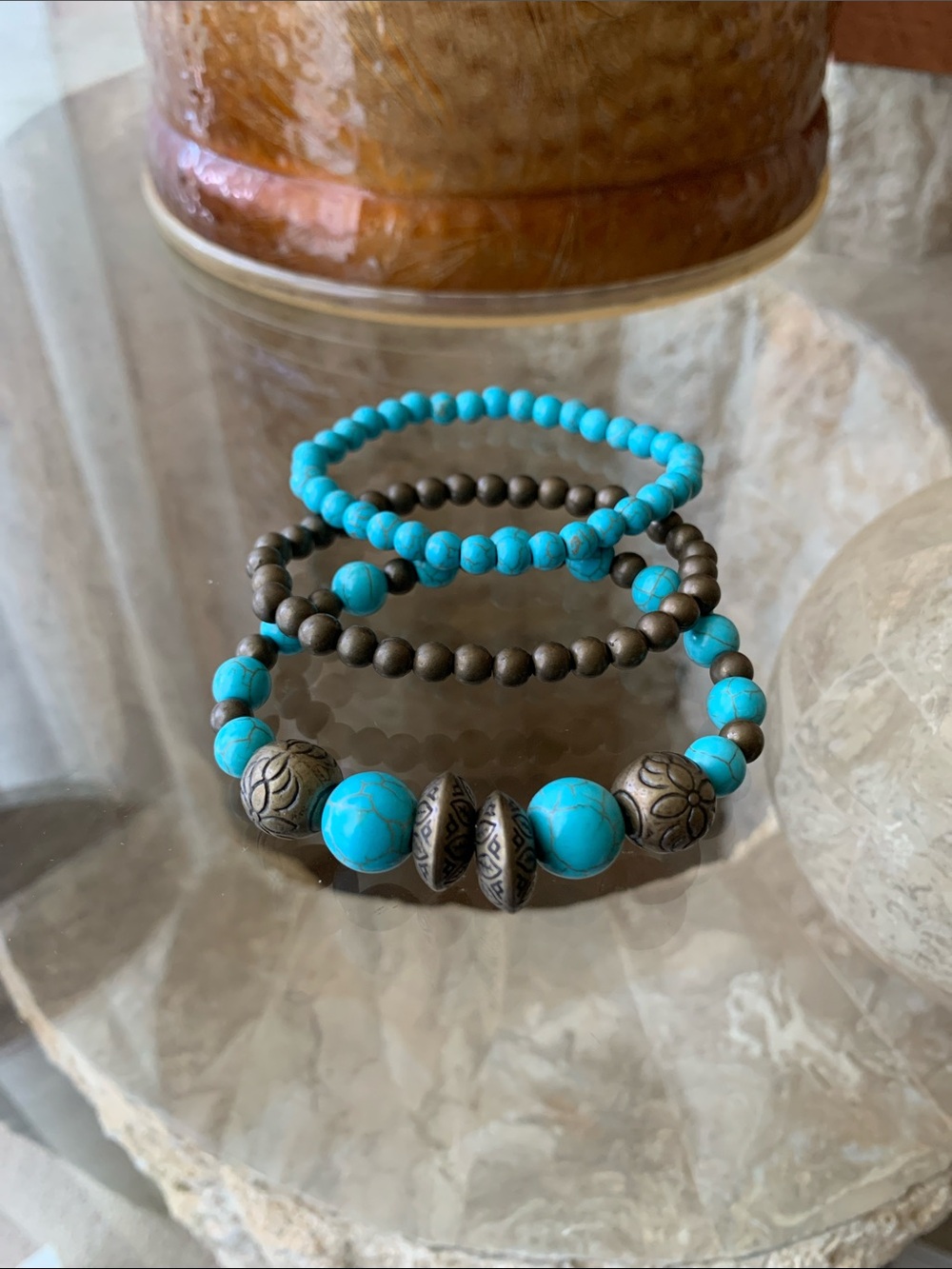 Vibrant turquoise and metallic Beaded Stackable Bracelet Set